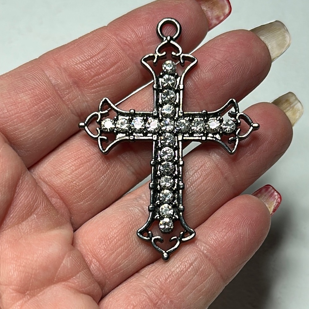 Silver Cross Pendant with Clear sparkly crystals